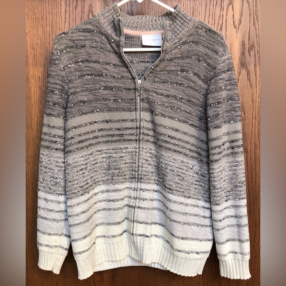 Liz Claiborne Women's Cardigan Sweater Small Zip Gray White Pink Stripes Cotton